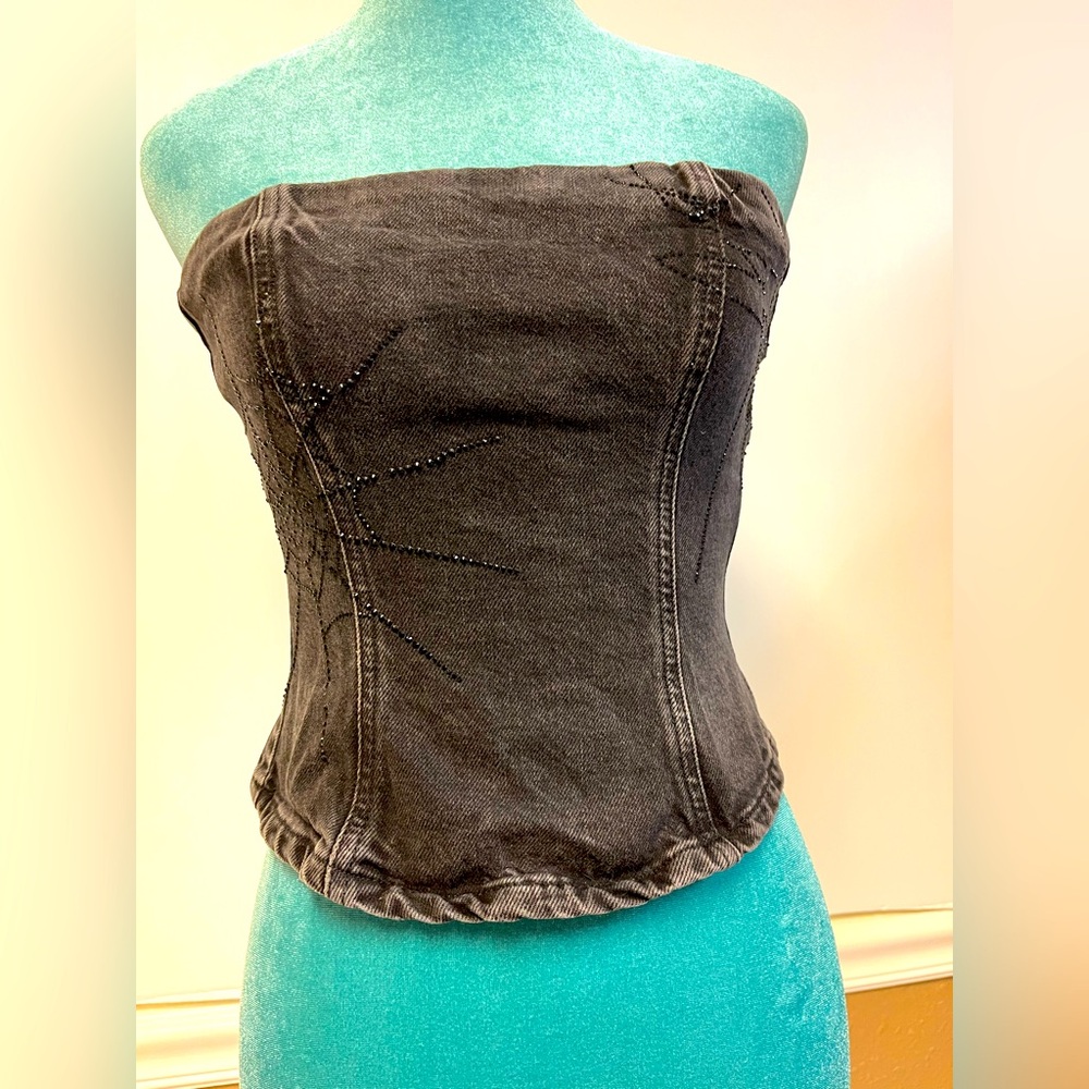 Zara TRF Rhinestone Spiderweb Strapless Denim Corset Crop Top – XS